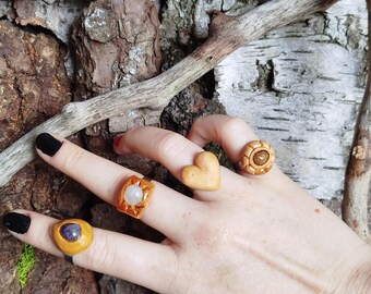 Ring made from Avocado Pits & Gemstones [Drop, Heart, Crystal, Hand Carved, Adjustable, Wood, Boho, Upcycled, Unique, Punk, DIY, Wood]