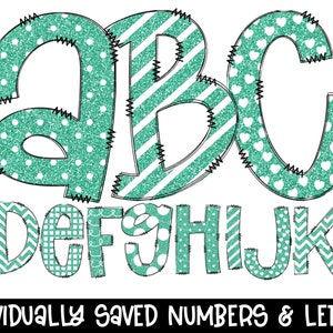 Doodle Letters, Aqua Glitter,  Alphabet Bundle PNG, Pattern Background, Hand Drawn Alphabet, Alpha Pack Digital Download, Crafters Font