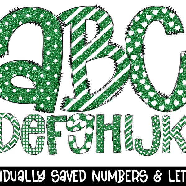 Doodle Letters, Dark Green Glitter  Alphabet Bundle PNG, Pattern Background, Hand Drawn Alphabet, Alpha Pack Digital Download, Crafters Font