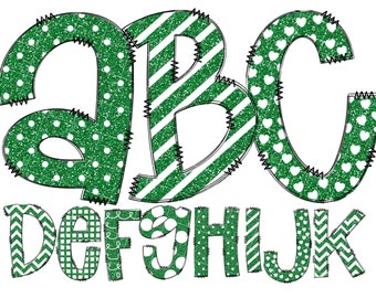 Doodle Letters, Dark Green Glitter  Alphabet Bundle PNG, Pattern Background, Hand Drawn Alphabet, Alpha Pack Digital Download, Crafters Font