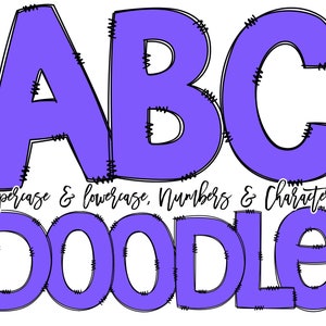 Doodle Font Purple Hand Drawn Doodle Alphabet Pack, Solid Color Faux Stitching Alpha pack Zig Zag , PNG Clipart Bundle, Letters Numbers PNG