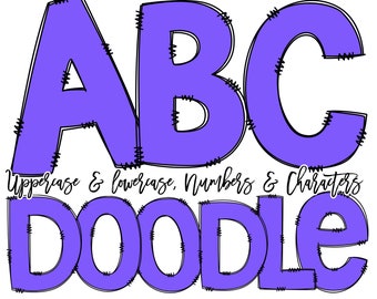Doodle Font Purple Hand Drawn Doodle Alphabet Pack, Solid Color Faux Stitching Alpha pack Zig Zag , PNG Clipart Bundle, Letters Numbers PNG