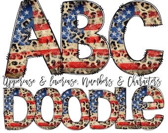Doodle Font USA Flag Doodle Letters, Red White Blue Alphabet Pack, Patriotic Pattern Hand Drawn, Clipart Bundle, Letters and Numbers PNG