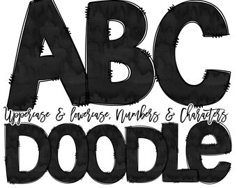Black Watercolor Doodle Font Letters & Numbers Commercial Use, Individually Saved, Hand Drawn Letters, A-Z Letter Clipart Alphabet PNG