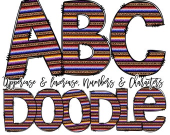 Doodle Font Serape Doodle Letters, Serape Alphabet Pack, Serape Pattern Hand Drawn, Clipart Bundle, Letters Numbers PNG