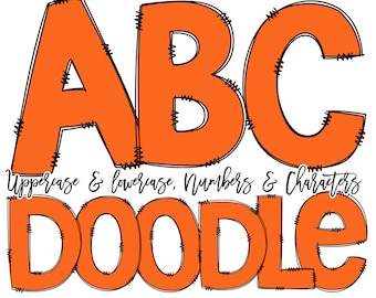 Doodle Font Orange Hand Drawn Doodle Alphabet Pack, Solid Color Faux Stitching Alpha pack Zig Zag , PNG Clipart Bundle, Letters Numbers PNG