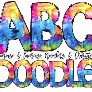 Fonte Doodle Letras de Doodle de tinta arco-íris, pacote de alfabeto colorido, padrão de arco-íris desenhado à mão, pacote de clipart, letras, números png