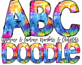 Doodle Font Rainbow Ink Doodle Letters, Colorful Alphabet Pack, Rainbow Pattern Hand Drawn, Clipart Bundle, Letters Numbers PNG