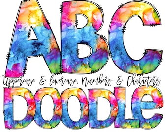 Doodle Font Rainbow Ink Doodle Letters, Colorful Alphabet Pack, Rainbow Pattern Hand Drawn, Clipart Bundle, Letters Numbers PNG