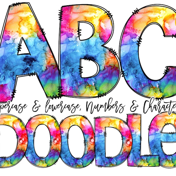 Doodle Font Rainbow Ink Doodle Letters, Colorful Alphabet Pack, Rainbow Pattern Hand Drawn, Clipart Bundle, Letters Numbers PNG