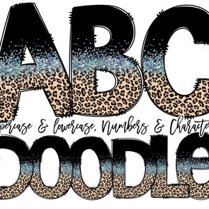Doodle Font Leopard Half Glitter, Doodle Letters PNG, sublimación png, números de doodle png, Letras dibujadas a mano, Alfabeto de Doodle, PNG