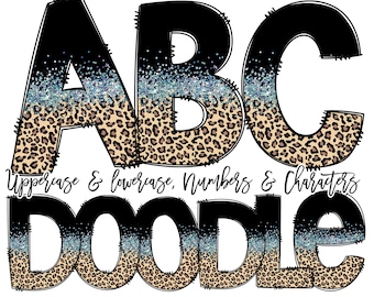 Doodle Font Leopard Half Glitter,  Doodle Letters PNG, sublimation png, doodle numbers png, Hand Drawn Letters, Doodle Alphabet,  PNG