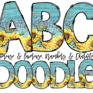 Puede incluir: Un diseño de girasol amarillo y azul turquesa con las letras ABC y la palabra DOODLE. Las letras están delineadas en negro y tienen una textura de madera desgastada.