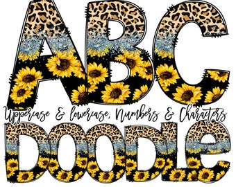 Doodle Font Leopard Sunflower Alphabet Set, Cheetah Doodle Letters,  for Crafters, Sublimation Letter & Numbers Individually Saved PNG Files