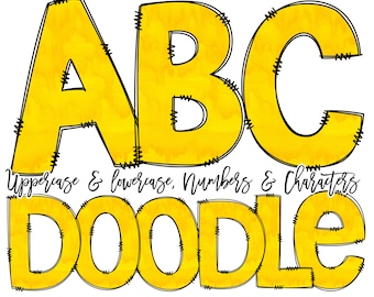 Yellow Watercolor Doodle Font Letters & Numbers Commercial Use, Individually Saved, Hand Drawn Letters, A-Z, Letter Clipart Alphabet PNG