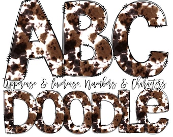 Doodle Font Cow Hide Doodle Letters, Animal Print Alphabet Pack, Cow Print Pattern Hand Drawn, Clipart Bundle, Letters Numbers PNG