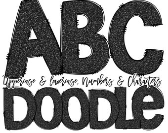 Doodle Font Black Glitter Alphabet Set, Glitter Doodle Letters,  for Crafters, Sublimation Letter & Numbers Individually Saved PNG Files