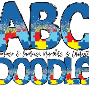 Doodle Font Autism Half Glitter, Doodle Letters PNG, sublimação png, números de doodle png, letras desenhadas à mão, alfabeto Doodle, PNG