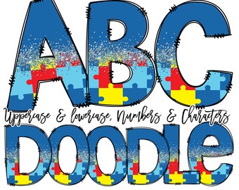 Doodle Font Autism Half Glitter ,  Doodle Letters PNG, sublimation png, doodle numbers png, Hand Drawn Letters, Doodle Alphabet,  PNG