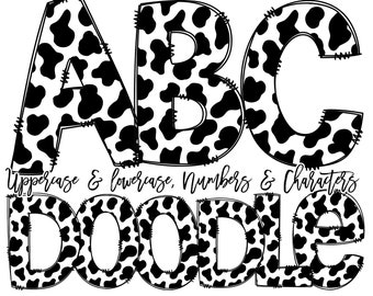 Doodle Font Black and White Cow Hide Doodle Letters,  Animal Print Country Western Pattern Hand Drawn, Clipart Bundle, Letters Numbers PNG