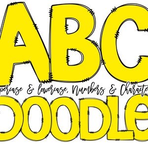 Pacote de alfabeto Doodle desenhado à mão amarelo brilhante, pacote alfa de ponto falso de cor sólida Zig Zag, pacote de clipart PNG, letras números PNG