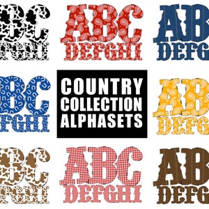 Colección Country Alphaset, letras de garabatos de mezclilla occidental, fuente de alfabeto de garabatos con estampado de vaca, uso comercial, alfabeto de sublimación de cuero de vaca PNG