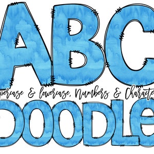 Blue Watercolor Doodle Font Letters & Numbers Commercial Use, Individually Saved, Hand Drawn Letters, A-Z Letter Clipart Alphabet PNG