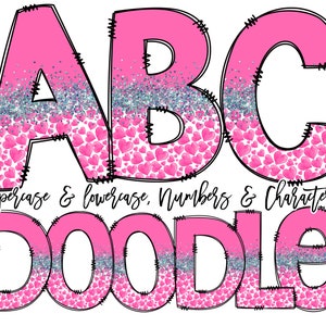 Puede incluir: Letras del alfabeto rosa A, B y C con un patrón de purpurina y corazones. Las letras están delineadas en negro y tienen un aspecto cosido. El texto "uppercase & lowercase, numbers & characters doodle" está debajo de las letras.