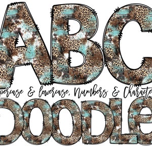 Carattere Doodle Lettere Doodle occidentali, Pacchetto alfabeto leopardo, Stampa animalier Modello verde acqua Disegnato a mano, Pacchetto Clipart, Lettere Numeri PNG