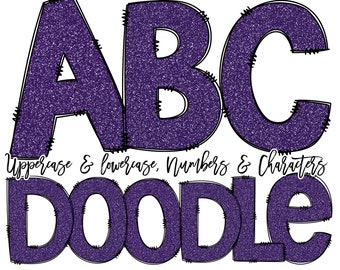 Dark Purple Glitter Alphabet Set, Glitter Doodle Letters,  for Crafters, Sublimation Letter & Numbers Individually Saved PNG Files