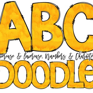 Dark Yellow Watercolor Doodle Font Letters & Numbers Commercial Use, Individually Saved, Hand Drawn Letters, A-Z Letter Clipart Alphabet PNG