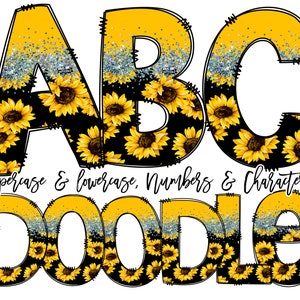 Colección de garabatos de girasol, letras florales, conjunto de paquetes de alfabeto de flores, letras de sublimación y números archivos PNG guardados individualmente