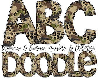 Doodle Police Léopard Camo Doodle Lettres, Pack Alphabet Militaire, Motif Camouflage Armée Dessinés À La Main, Clipart Bundle, Lettres Chiffres PNG