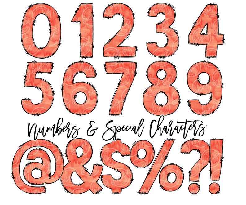 Orange Watercolor Doodle Font Letters & Numbers Commercial Use ...