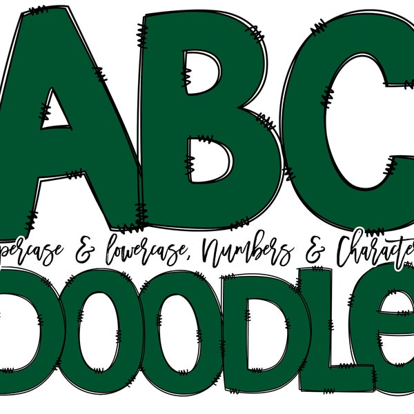 Doodle Font Dark Green Doodle Letters, Bright Green Alphabet Pack, Emerald Solid Hand Drawn, PNG Clipart Bundle, Letters Numbers PNG