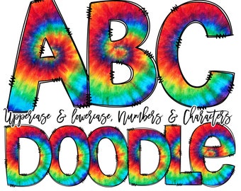 Doodle Font Tie Dye Doodle Letters, Tie Dye Alphabet Pack, Tie Dye Pattern Hand Drawn, Clipart Bundle, Letters Numbers PNG