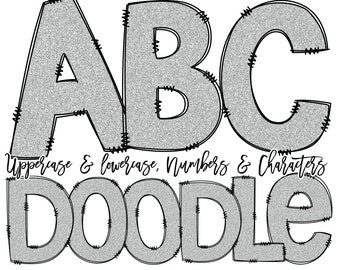 Silver Grey Glitter Alphabet Set, Glitter Doodle Letters,  for Crafters, Sublimation Letter & Numbers Individually Saved PNG Files