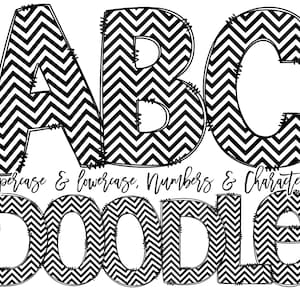 May include: Black and white chevron patterned letters A, B, and C with the text "uppercase & lowercase, numbers & characters doodle" below.