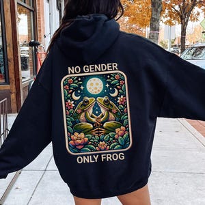 Nonbinary Frog Hoodie, Funny Cottagecore Toads Hooded Sweatshirt, Mystical Goblincore Enby Pride Tee, Whimsical Agender LGBTQ Gift For Queer