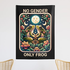 Niet-binaire kikker wandtapijt, grappige Cottagecore padden woondecoratie, mystieke Goblincore Enby Pride kunst aan de muur, Agender LGBTQ cadeau voor queer