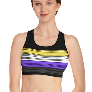 Könnte beinhalten: Ein schwarzer Sport-BH mit einem mehrfarbigen Streifenmuster. Das Muster zeigt gelbe, lila, weiße und schwarze Streifen.