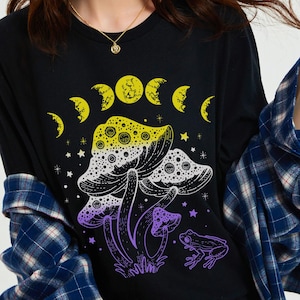May include: Black long-sleeve shirt with a graphic of a mushroom and moon phases in yellow, purple, and white. The shirt has a crew neck and is made of a soft material. The shirt is part of the apparel category.