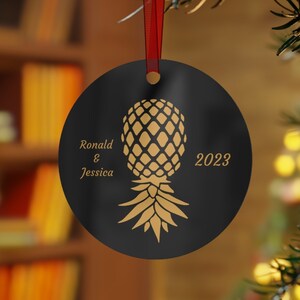 Personalized swingers upside down pineapple ornament; Custom swingers lifestyle christmas metal ornament; Swingers 2023 holiday decor