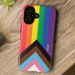 Personalized Progress Pride Phone Case; LGBTQ iPhone Samsung Galaxy Google Pixel TOUGH Case, Custom Name LGBT Gift For Lesbian Gay Bi Trans