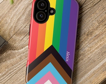 Personalisierte Fortschritt Pride Phone Case; LGBTQ iPhone Samsung Galaxy Google Pixel TOUGH Hülle, benutzerdefinierter Name LGBT Geschenk für Lesben Schwul Bi Trans