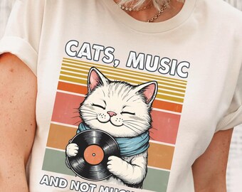Vinyl Record Cat Shirt, Music Lover T-Shirt For Cat Mom, Retro Sunset Club DJ Tee, LP Collector, Funny Music Teacher Or Musician Gift