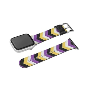May include: A watch strap with a purple, yellow, black and white chevron pattern. The strap is made of leather and has a silver buckle.