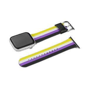 May include: A black leather watch strap with a yellow, white and purple striped pattern. The strap is designed to fit a smartwatch.