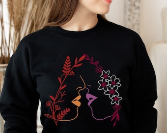 Lesbian kiss sweatshirt; Subtle lesbian pride sweater; Lesbian bachelorette party group shirts; Sapphic lesbian line art tee; WLW clothing
