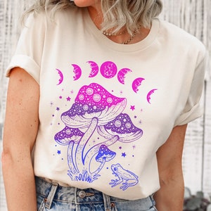 Subtle Bi Pride Mushroom Shirt; Cottagecore Bisexual Frog Tshirt, Subtle LGBTQ Dark Academia Clothing; Aesthetic Goblincore Apparel